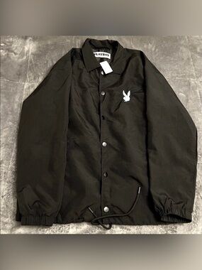 New Playboy By Pacsun Black Windbreaker Collared Snap Jacket Size SML